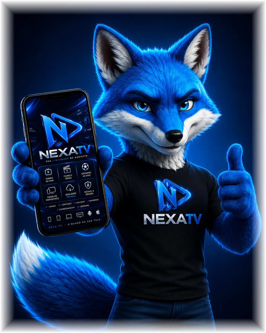 Mascote NEXA TV segurando um celular